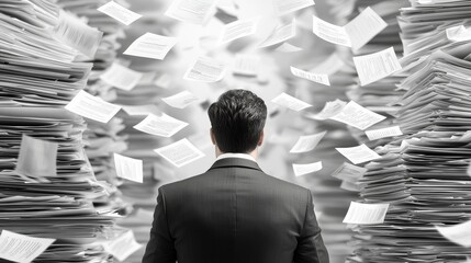 A man stands overwhelmed by flying papers amidst towering stacks, symbolizing chaos or information overload in a professional environment.