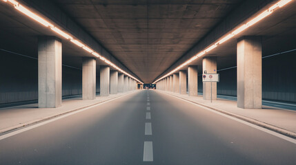 Underpass with Concrete Pillars and Road Signs at Dusk