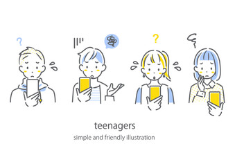 スマホについて悩む10代　シンプルでお洒落な線画イラスト