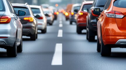 A traffic scene featuring multiple vehicles, including an orange car, lined up on a road during a busy day.