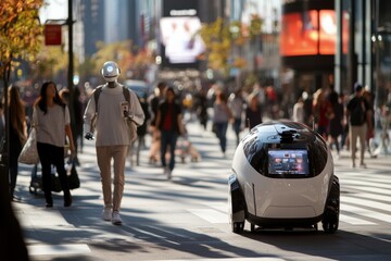 Fototapeta premium A humanoid robot navigates through a lively city street alongside autonomous devices, reflecting the intersection of human innovation and artificial intelligence in daily life.