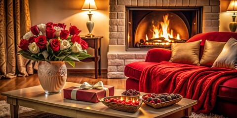 A cozy living room scene with a fireplace, red velvet sofa, and a bouquet of red and white roses in a delicate vase on a coffee table with a wrapped present and candles