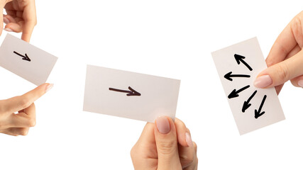 Arrow sign on a card in a woman hand isolated.