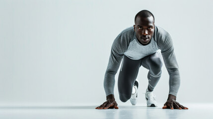 Male athlete in starting position preparing to run