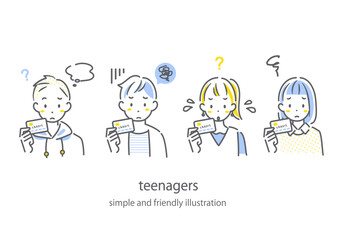 クレジットカードの使用に不安を感じる10代　シンプルでお洒落な線画イラスト