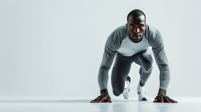 Male athlete in starting position preparing to run