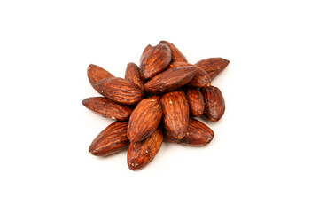 A group of caramelized almonds isolated on a white background.