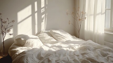 A white bed with white linens and pillows, with sunlight streaming through the window.