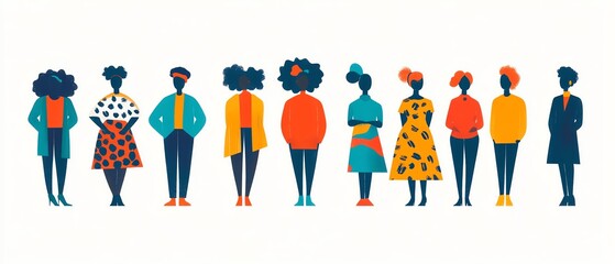 Group of people represented in an artistic style using simple shapes and bold colors, standing together on a bright white background, highlighting the essence of collaboration