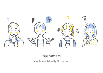 困る10代の学生たち　シンプルでお洒落な線画イラスト