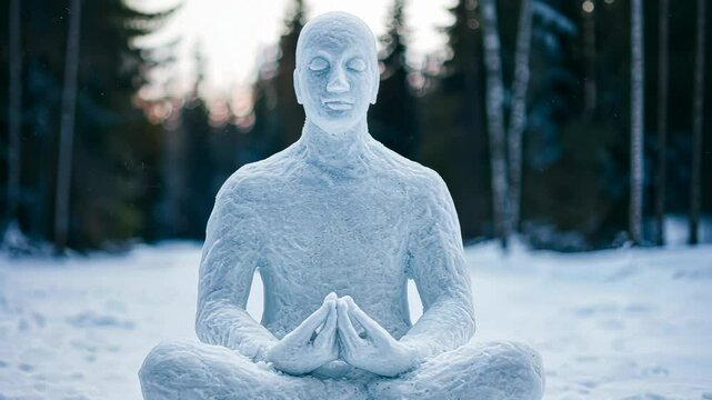 A snow sculpture of a meditating figure in a wintry forest, embodying tranquility and winter solstice