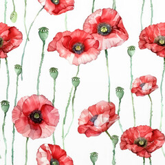 Obraz premium Seamless pattern of hand-painted red poppies and green stems in watercolor style.
