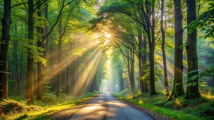 Obraz premium Road through a forest with morning sunbeams on tree foliage, creating depth of field