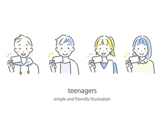 笑顔でカードを見せる10代　シンプルでお洒落な線画イラスト