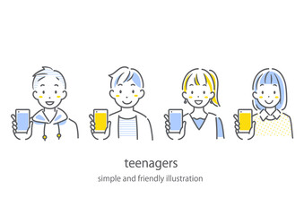 スマートフォンに満足している10代の若者　シンプルでお洒落な線画イラスト