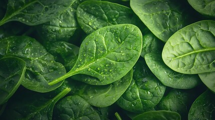 Obraz premium Fresh green spinach leaves with water droplets on a dark background.