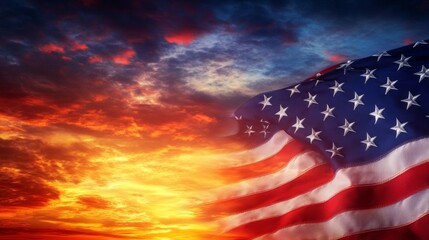 Close-up of American flag fabric waving in the wind with a dramatic sunset sky in the background, detailed stars and stripes, high contrast, vibrant colors