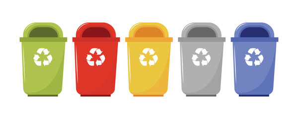 Set of containers with sorted garbage. Waste segregation. Sorting garbage by material and type in colored trash cans. Isolated illustration EPS 10