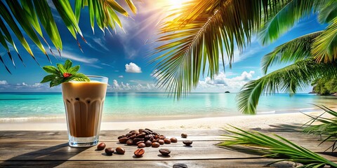 Obraz premium A refreshing iced coffee drink on a wooden surface with scattered coffee beans, framed by lush palm fronds and a tranquil ocean backdrop