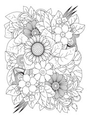 Doodle flowers. Flower pattern. Vector doodle flowers in black and white. coloring book and  page for adults.