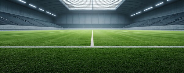 Obraz premium Grass football field inside a large stadium with bright lighting.