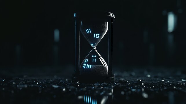 A solitary hourglass stands against a dark, abstract backdrop, its sand flowing inexorably, a stark reminder of the fleeting nature of time.  