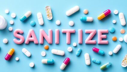 Sanitize concept with pills on blue background
