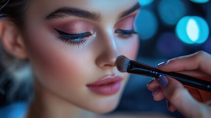 Makeup artist applying blush to model's cheeks. Beauty, cosmetics, and professional makeup application concept.