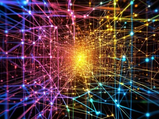 Obraz premium Vibrant digital network with intersecting lines and bright colors, symbolizing connectivity and technology in a modern abstract design.