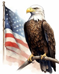 Naklejka premium A stunning of a majestic eagle perched on a branch, proudly set against an American flag backdrop, showcasing symbols of freedom and patriotism.