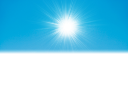 Sun sky with sunrays on blue clear sky in PNG isolated on transparent background