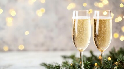 Two sparkling champagne flutes are set against a soft background of golden lights and festive greenery, perfect for celebrations.