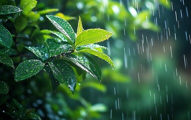 Closeup of lush green leaves in a backyard garden, rain cascading down, creating a serene and refreshing ambiance, vibrant colors, nature photography © Nattapat
