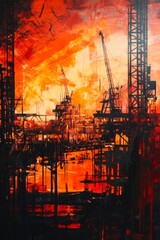 Vibrant industrial landscape with cranes silhouetted against a fiery orange sky at sunset, creating a dramatic and dynamic atmosphere.
