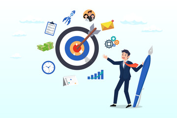 Project management or development plan, strategy or process to develop product, schedule or manage resource to achieve goal concept, businessman holding pencil with project management elements