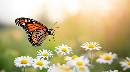 A vibrant monarch butterfly flutters above a field of daisies, illuminated by soft sunlight, embodying the beauty of nature.
