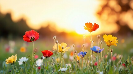 Fototapeta premium A vibrant meadow of colorful flowers blooms under the warm glow of the setting sun, creating a serene and picturesque landscape.