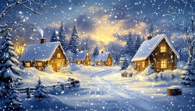 painting and poster holiday village wallpaper art, in the style of dark skyblue and gray, xbox 360 graphics, snow scenes, decorative paintings, zeiss batis 18mm f28