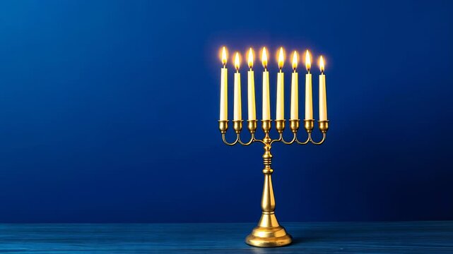 A lit menorah with nine candles stands against a blue background, symbolizing Hanukkah and Jewish traditions