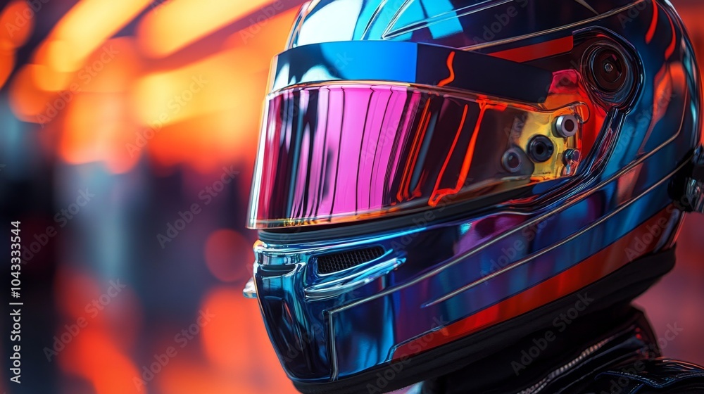 Poster A highly reflective racing helmet showcases an array of colors, capturing the dynamic atmosphere of a nighttime motorsport event, emphasizing both style and technology.