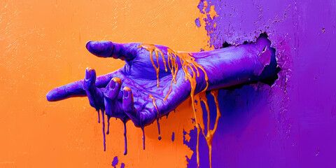 A hand with purple and orange paint dripping from it
