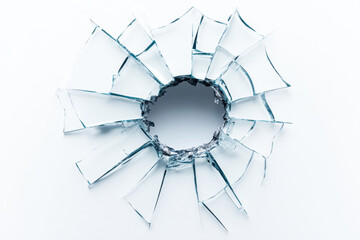 Fototapeta premium Broken glass with bullet hole in center, on white background.