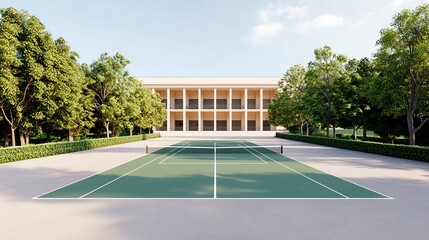Tennis court with a modern building and lush trees in the background.
