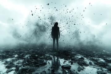 Obraz premium Fire Alarm Sound. Silhouette person standing amidst smoky debris and flying ashes, apocalyptic scene for horror, disaster, mystery concepts, dark moody background with scattered rubble and fog effect