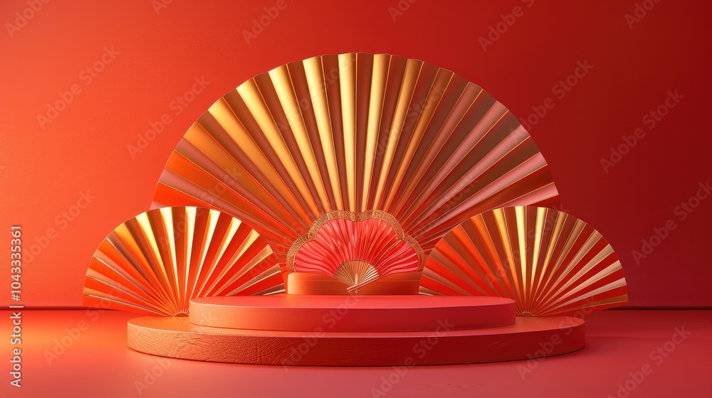 Poster 3D rendering of fan-shaped display stand in a red and gold color scheme, with a minimalist, symmetrical composition. The stand has a red platform with three fans in the middle, a simple structure.