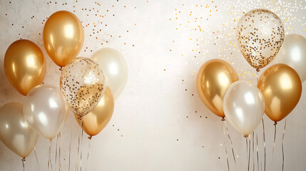 Golden and transparent balloons filled with shimmering gold confetti are arranged on either side of a light background