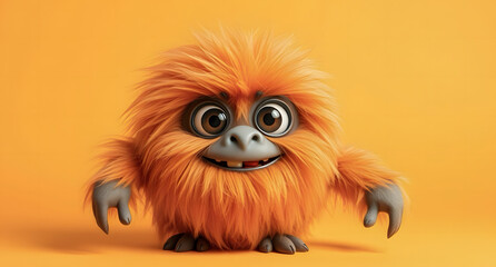 Fototapeta premium Cheerful fluffy monster on a clean bright orange background. Joyful and furry little monster. Charming yeti. Halloween character.