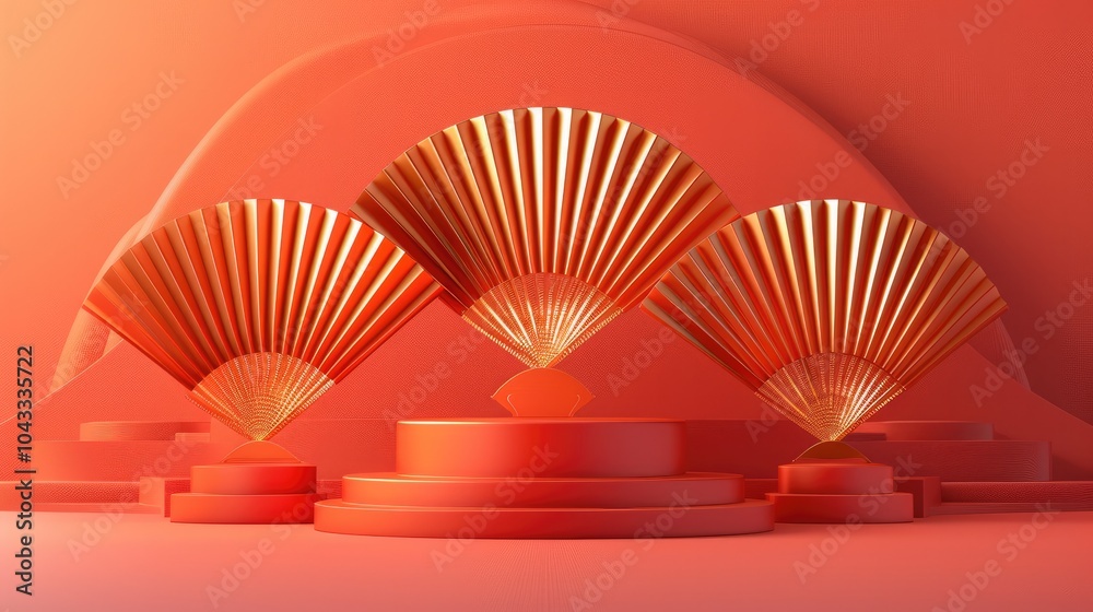 Poster 3D rendering of fan-shaped display stand in a red and gold color scheme, with a minimalist, symmetrical composition. The stand has a red platform with three fans in the middle, a simple structure.