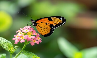 Fototapeta premium Orange butterfly perched on a pink flower in a garden.