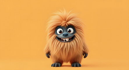 Obraz premium Cheerful fluffy monster on a clean bright orange background. Joyful and furry little monster. Charming yeti. Halloween character.
